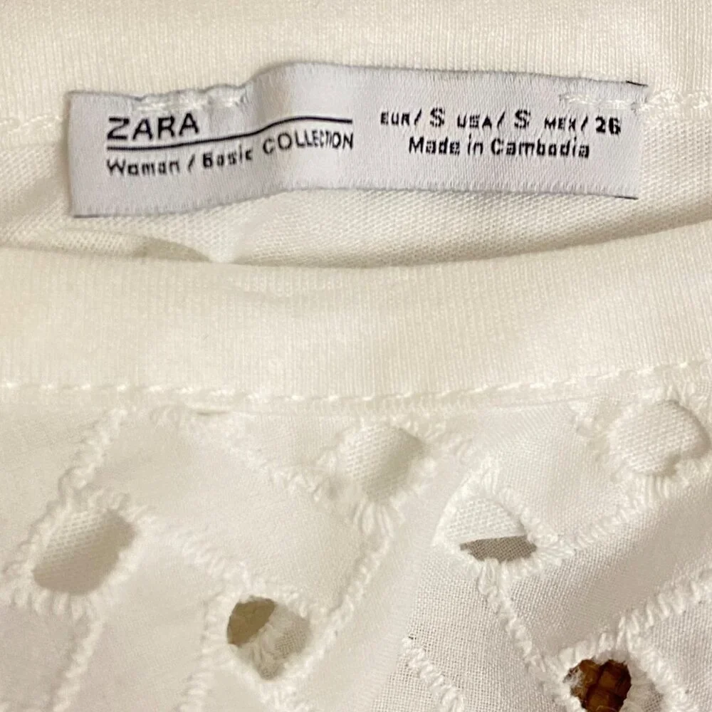 Zara White Cotton Eyelet Puff Sleeve Top Size Small